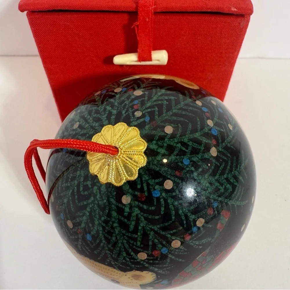 Christmas House Hand Painted Large Glass Ornament Teddy Bear Red Box